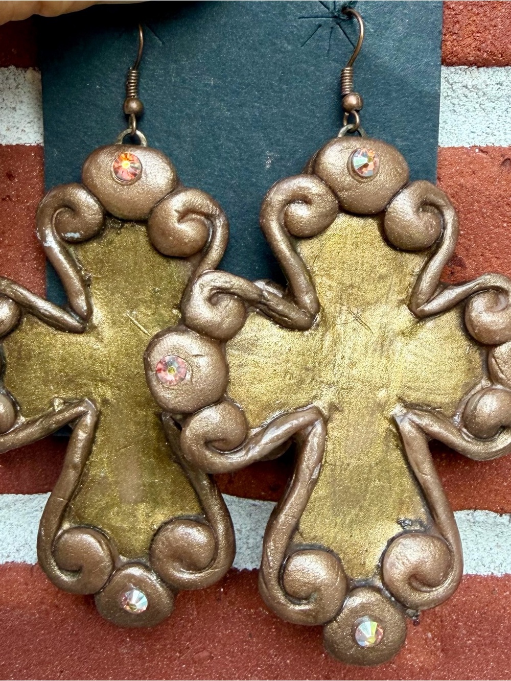 Same Spirit Gold-Tone Decorative Cross Drop Earrings w/ Rhinestone Accents